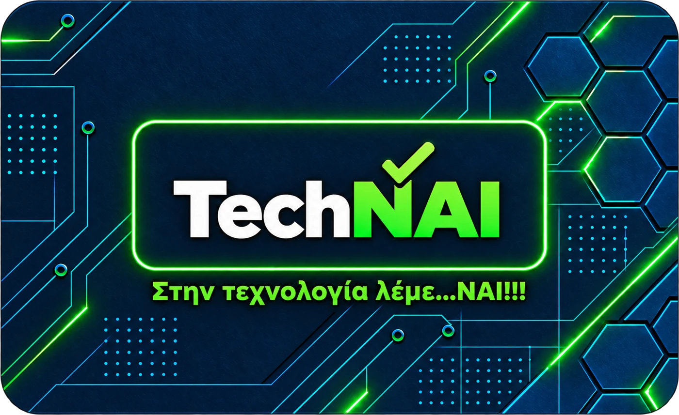 Επαγγελματική κάρτα TechNAI – πίσω όψη με λογότυπο και σύνθημα